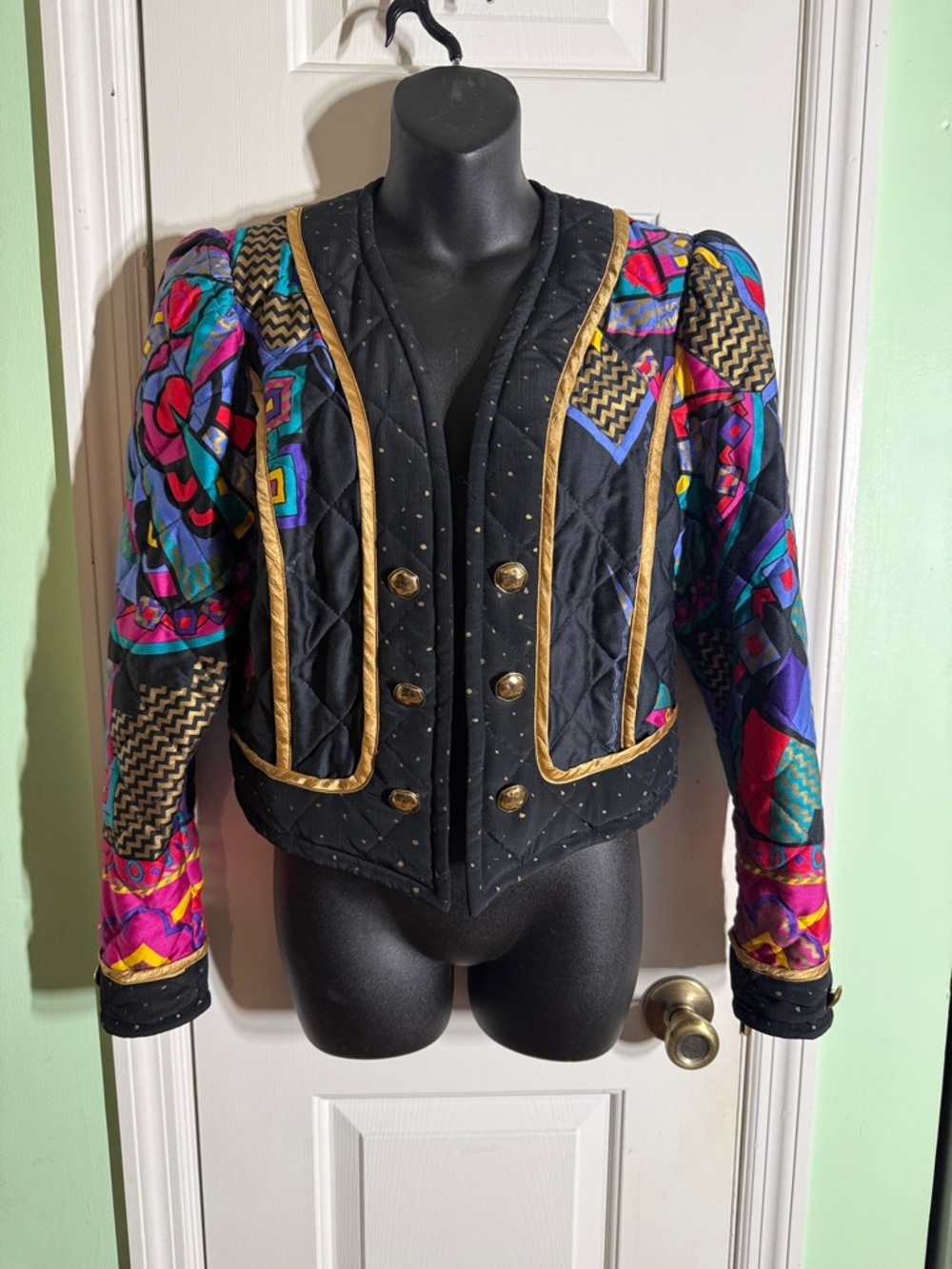 Caché Black Vintage Quilted Colorful Abstract Statement Jacket Gold Trim Size M
